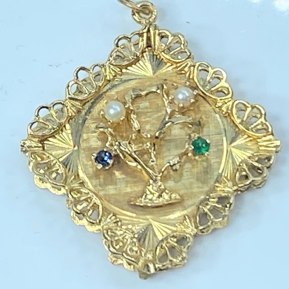 CREA 14K gold open work pearl emerald sapphie TREE OF LIFE charm pendant JR7986